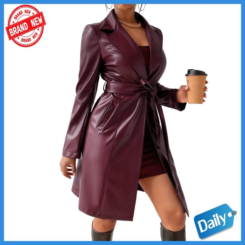 Women's Faux Leather Trench Coat with Belt, Lapel Collar, Slim Fit, Knee Length
